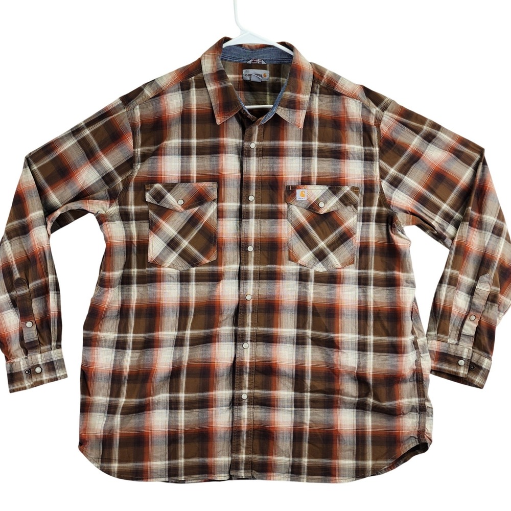 Carhartt Relaxed Fit Pearl Snap Shirt Mens 2XL Brown Orange Plaid Western Work